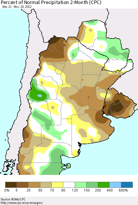 Southern South America Percent of Normal Precipitation 2-Month (CPC) Thematic Map For 9/21/2022 - 11/20/2022