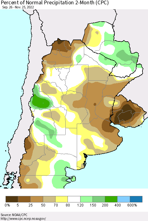 Southern South America Percent of Normal Precipitation 2-Month (CPC) Thematic Map For 9/26/2022 - 11/25/2022