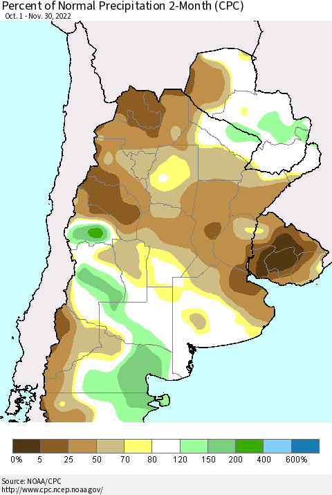Southern South America Percent of Normal Precipitation 2-Month (CPC) Thematic Map For 10/1/2022 - 11/30/2022