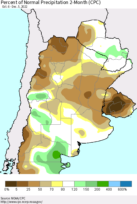 Southern South America Percent of Normal Precipitation 2-Month (CPC) Thematic Map For 10/6/2022 - 12/5/2022