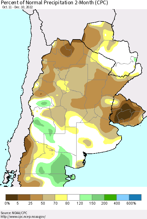 Southern South America Percent of Normal Precipitation 2-Month (CPC) Thematic Map For 10/11/2022 - 12/10/2022