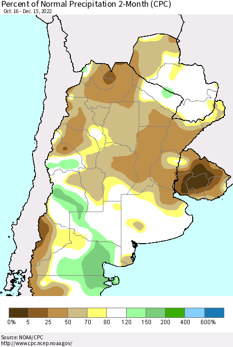 Southern South America Percent of Normal Precipitation 2-Month (CPC) Thematic Map For 10/16/2022 - 12/15/2022