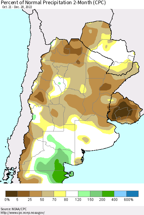 Southern South America Percent of Normal Precipitation 2-Month (CPC) Thematic Map For 10/21/2022 - 12/20/2022