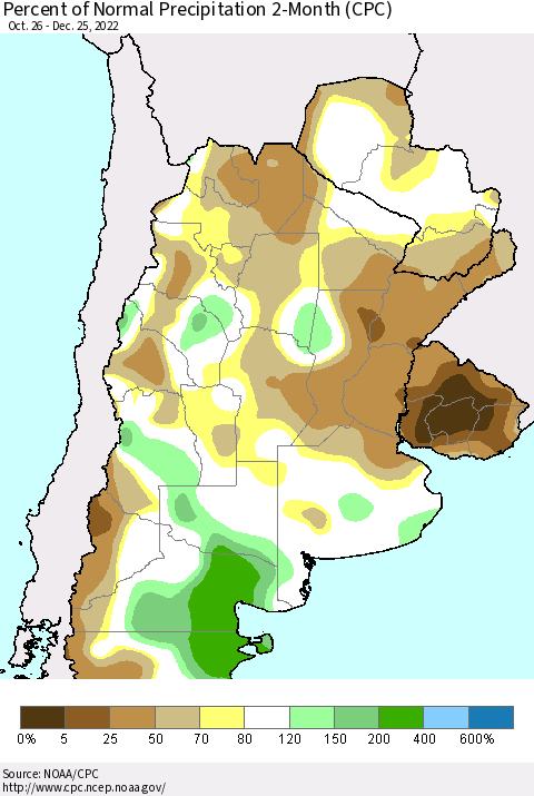 Southern South America Percent of Normal Precipitation 2-Month (CPC) Thematic Map For 10/26/2022 - 12/25/2022