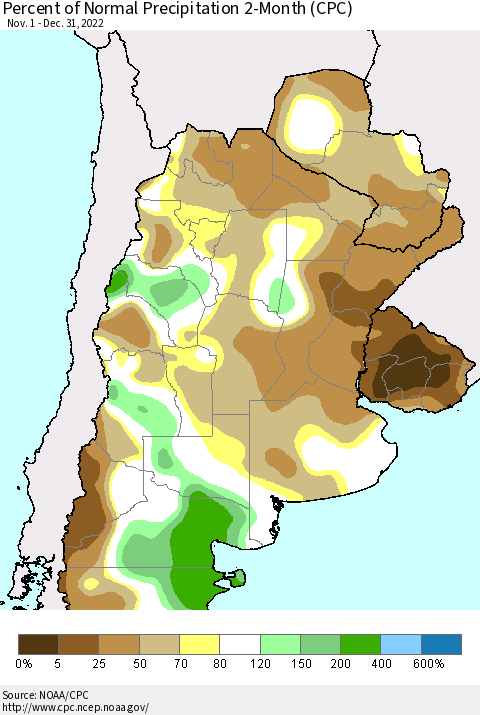 Southern South America Percent of Normal Precipitation 2-Month (CPC) Thematic Map For 11/1/2022 - 12/31/2022