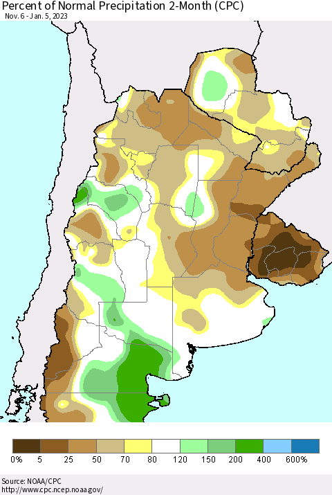 Southern South America Percent of Normal Precipitation 2-Month (CPC) Thematic Map For 11/6/2022 - 1/5/2023