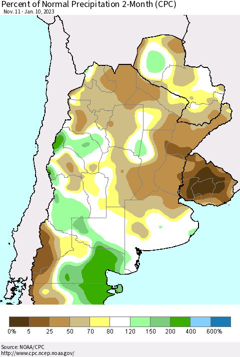 Southern South America Percent of Normal Precipitation 2-Month (CPC) Thematic Map For 11/11/2022 - 1/10/2023