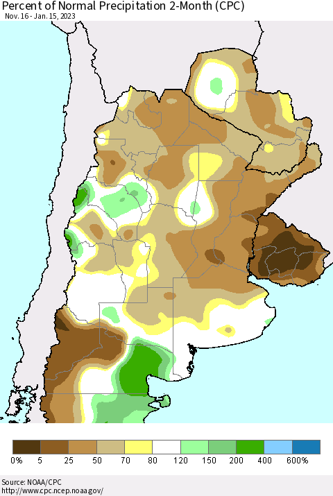 Southern South America Percent of Normal Precipitation 2-Month (CPC) Thematic Map For 11/16/2022 - 1/15/2023