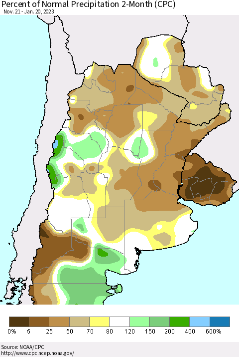 Southern South America Percent of Normal Precipitation 2-Month (CPC) Thematic Map For 11/21/2022 - 1/20/2023