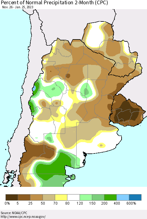 Southern South America Percent of Normal Precipitation 2-Month (CPC) Thematic Map For 11/26/2022 - 1/25/2023