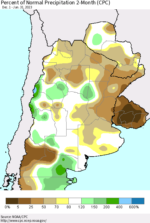 Southern South America Percent of Normal Precipitation 2-Month (CPC) Thematic Map For 12/1/2022 - 1/31/2023