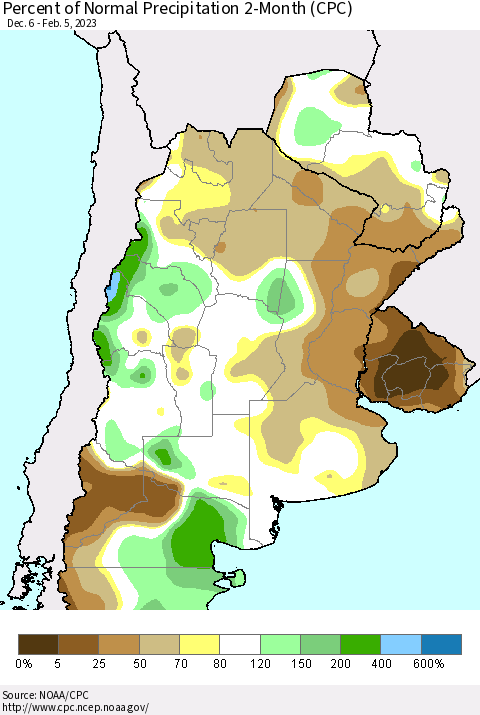 Southern South America Percent of Normal Precipitation 2-Month (CPC) Thematic Map For 12/6/2022 - 2/5/2023