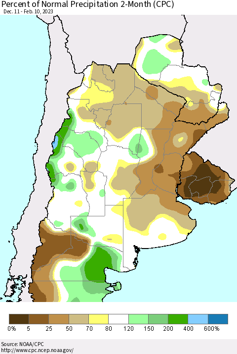 Southern South America Percent of Normal Precipitation 2-Month (CPC) Thematic Map For 12/11/2022 - 2/10/2023