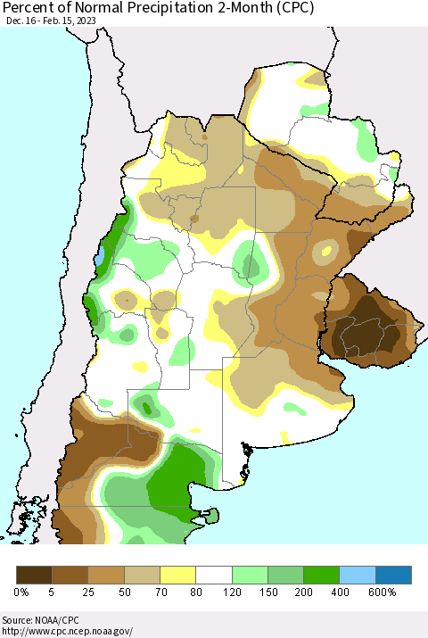Southern South America Percent of Normal Precipitation 2-Month (CPC) Thematic Map For 12/16/2022 - 2/15/2023