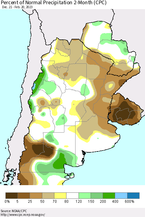 Southern South America Percent of Normal Precipitation 2-Month (CPC) Thematic Map For 12/21/2022 - 2/20/2023