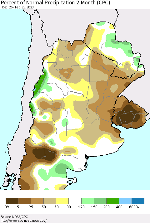 Southern South America Percent of Normal Precipitation 2-Month (CPC) Thematic Map For 12/26/2022 - 2/25/2023