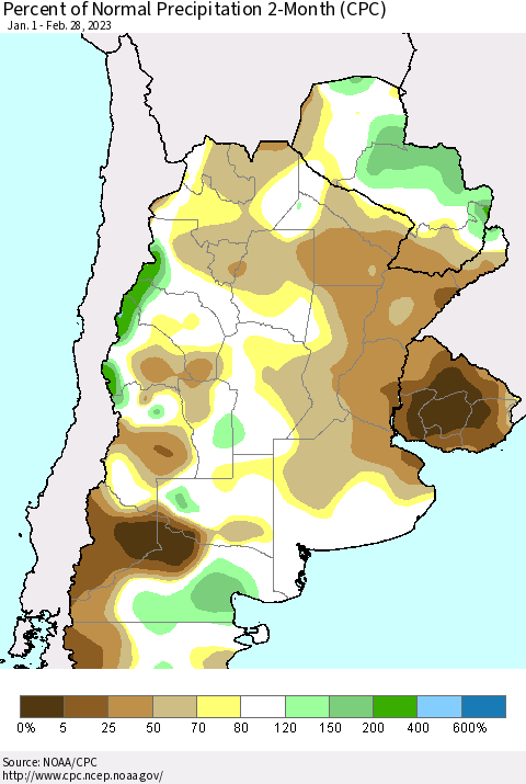 Southern South America Percent of Normal Precipitation 2-Month (CPC) Thematic Map For 1/1/2023 - 2/28/2023