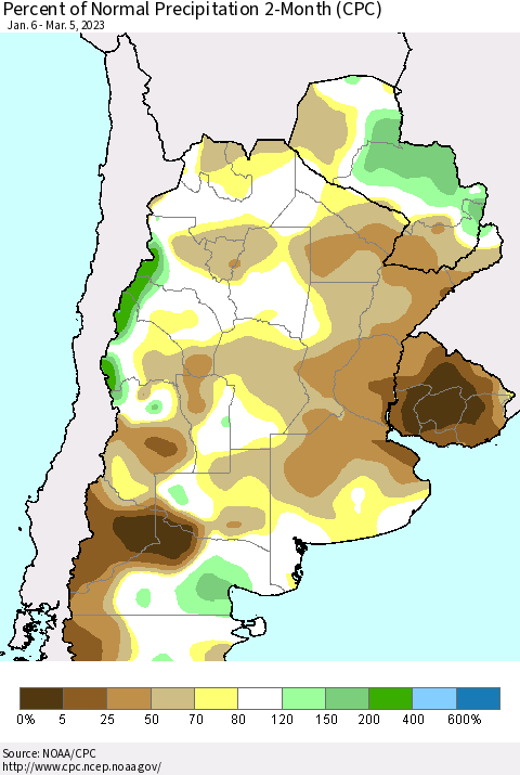 Southern South America Percent of Normal Precipitation 2-Month (CPC) Thematic Map For 1/6/2023 - 3/5/2023