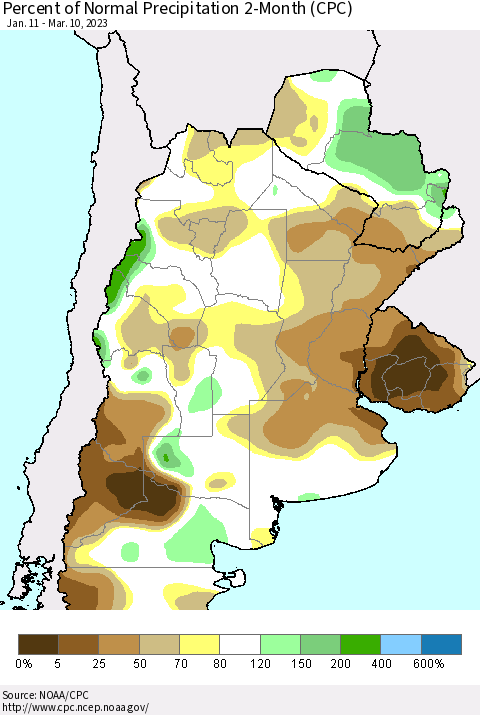 Southern South America Percent of Normal Precipitation 2-Month (CPC) Thematic Map For 1/11/2023 - 3/10/2023