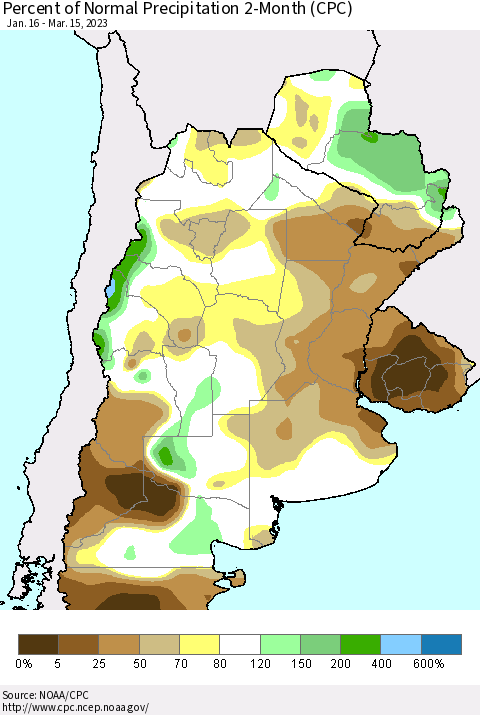Southern South America Percent of Normal Precipitation 2-Month (CPC) Thematic Map For 1/16/2023 - 3/15/2023