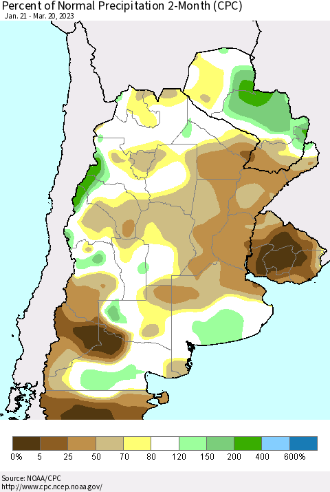 Southern South America Percent of Normal Precipitation 2-Month (CPC) Thematic Map For 1/21/2023 - 3/20/2023