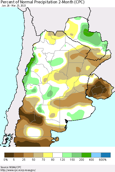 Southern South America Percent of Normal Precipitation 2-Month (CPC) Thematic Map For 1/26/2023 - 3/25/2023