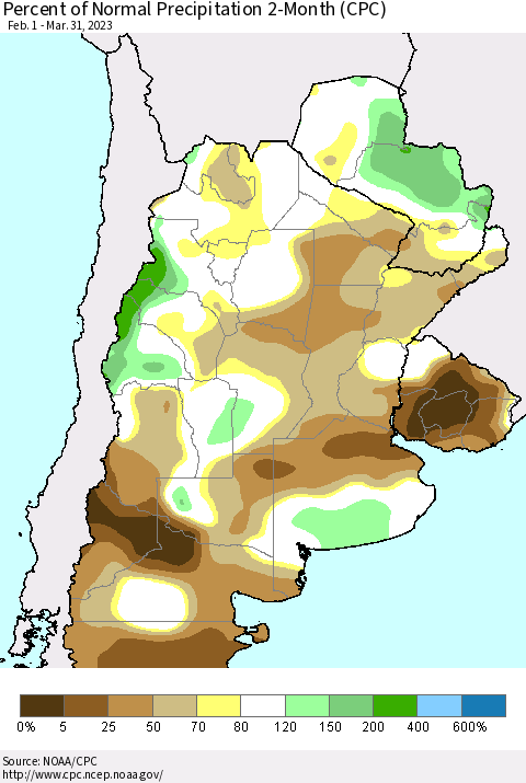 Southern South America Percent of Normal Precipitation 2-Month (CPC) Thematic Map For 2/1/2023 - 3/31/2023