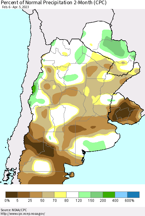 Southern South America Percent of Normal Precipitation 2-Month (CPC) Thematic Map For 2/6/2023 - 4/5/2023