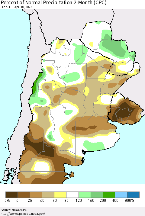 Southern South America Percent of Normal Precipitation 2-Month (CPC) Thematic Map For 2/11/2023 - 4/10/2023