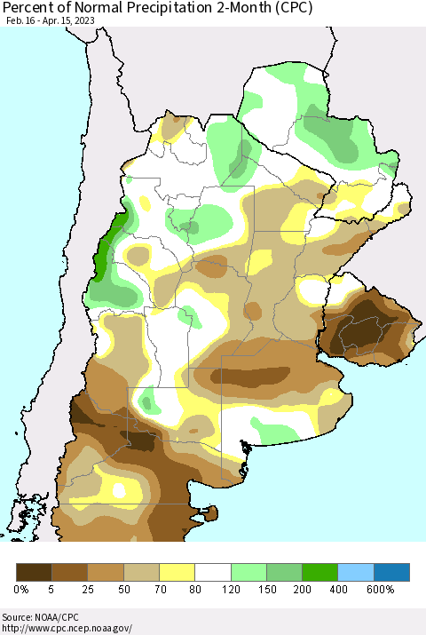 Southern South America Percent of Normal Precipitation 2-Month (CPC) Thematic Map For 2/16/2023 - 4/15/2023