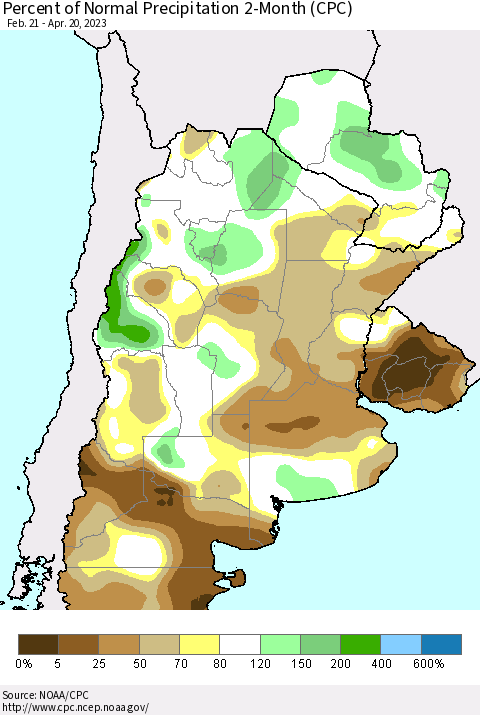Southern South America Percent of Normal Precipitation 2-Month (CPC) Thematic Map For 2/21/2023 - 4/20/2023