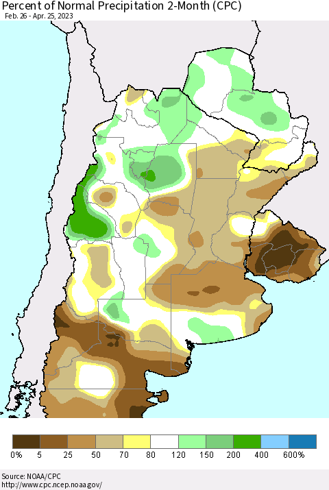 Southern South America Percent of Normal Precipitation 2-Month (CPC) Thematic Map For 2/26/2023 - 4/25/2023
