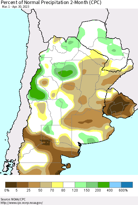 Southern South America Percent of Normal Precipitation 2-Month (CPC) Thematic Map For 3/1/2023 - 4/30/2023