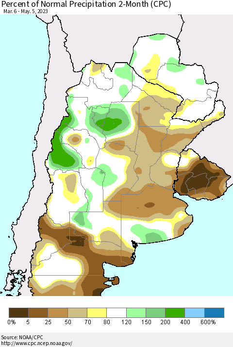 Southern South America Percent of Normal Precipitation 2-Month (CPC) Thematic Map For 3/6/2023 - 5/5/2023