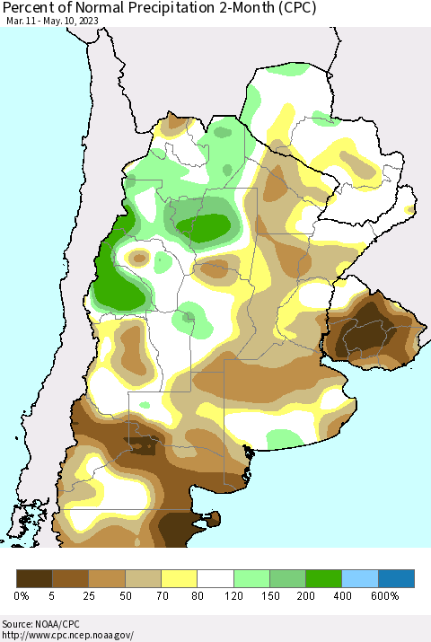 Southern South America Percent of Normal Precipitation 2-Month (CPC) Thematic Map For 3/11/2023 - 5/10/2023