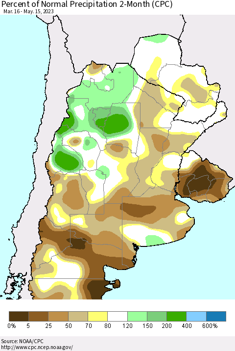 Southern South America Percent of Normal Precipitation 2-Month (CPC) Thematic Map For 3/16/2023 - 5/15/2023