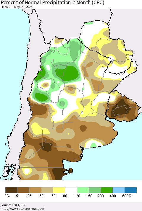 Southern South America Percent of Normal Precipitation 2-Month (CPC) Thematic Map For 3/21/2023 - 5/20/2023
