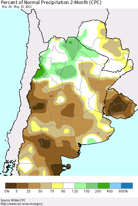 Southern South America Percent of Normal Precipitation 2-Month (CPC) Thematic Map For 3/26/2023 - 5/25/2023