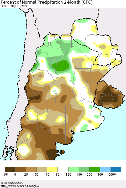 Southern South America Percent of Normal Precipitation 2-Month (CPC) Thematic Map For 4/1/2023 - 5/31/2023