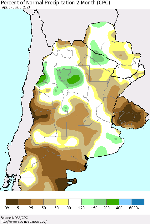Southern South America Percent of Normal Precipitation 2-Month (CPC) Thematic Map For 4/6/2023 - 6/5/2023