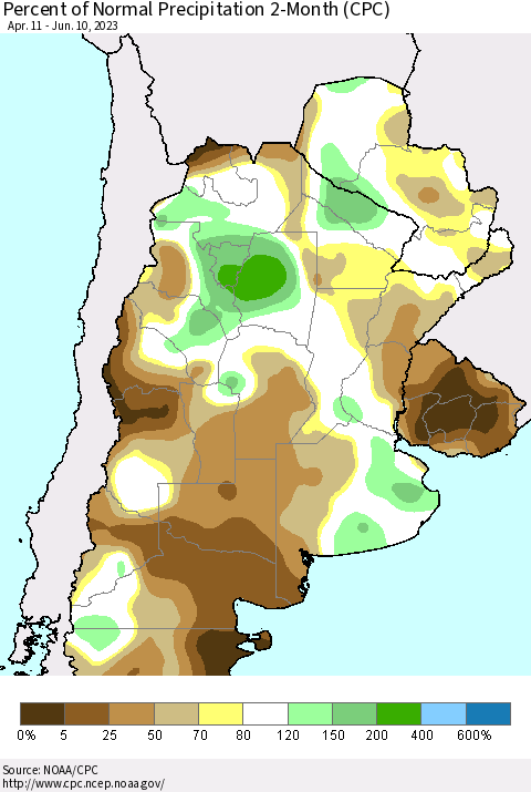 Southern South America Percent of Normal Precipitation 2-Month (CPC) Thematic Map For 4/11/2023 - 6/10/2023