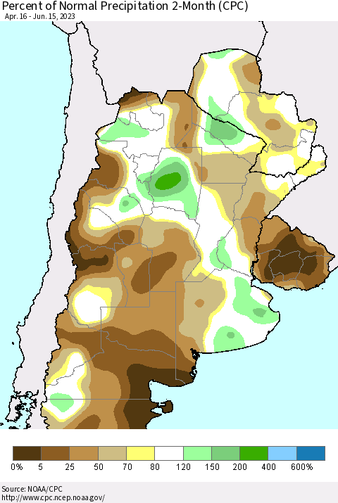 Southern South America Percent of Normal Precipitation 2-Month (CPC) Thematic Map For 4/16/2023 - 6/15/2023