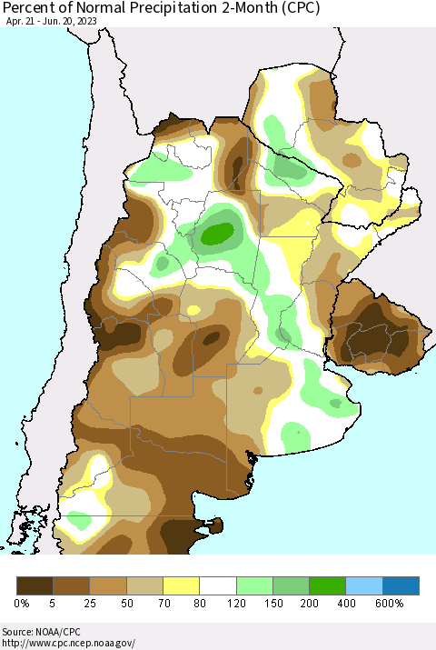 Southern South America Percent of Normal Precipitation 2-Month (CPC) Thematic Map For 4/21/2023 - 6/20/2023