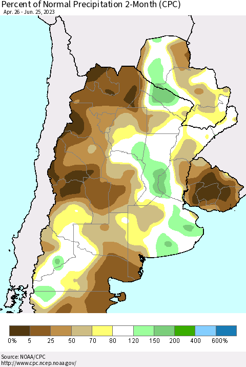 Southern South America Percent of Normal Precipitation 2-Month (CPC) Thematic Map For 4/26/2023 - 6/25/2023