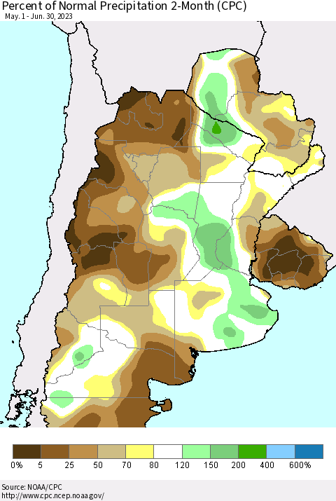 Southern South America Percent of Normal Precipitation 2-Month (CPC) Thematic Map For 5/1/2023 - 6/30/2023