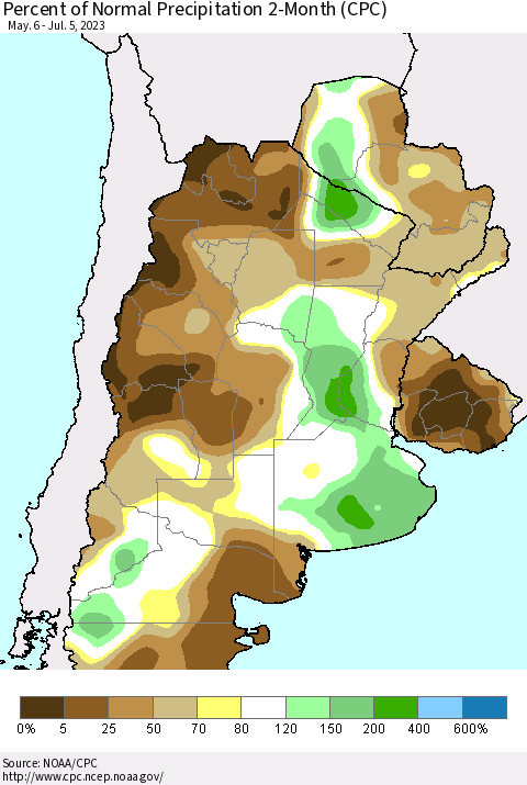 Southern South America Percent of Normal Precipitation 2-Month (CPC) Thematic Map For 5/6/2023 - 7/5/2023