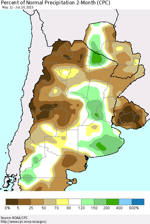 Southern South America Percent of Normal Precipitation 2-Month (CPC) Thematic Map For 5/11/2023 - 7/10/2023