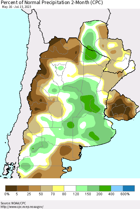 Southern South America Percent of Normal Precipitation 2-Month (CPC) Thematic Map For 5/16/2023 - 7/15/2023