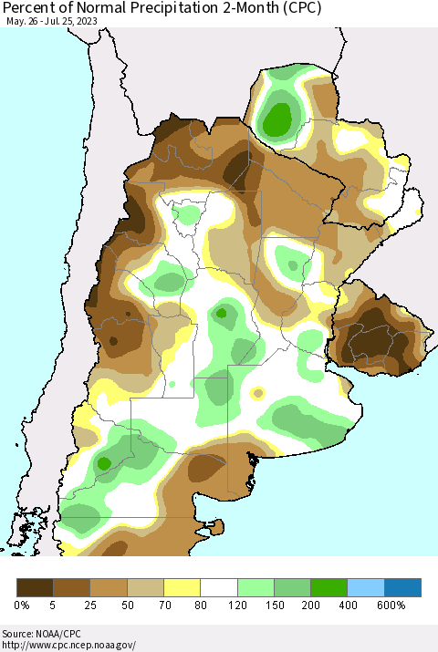 Southern South America Percent of Normal Precipitation 2-Month (CPC) Thematic Map For 5/26/2023 - 7/25/2023