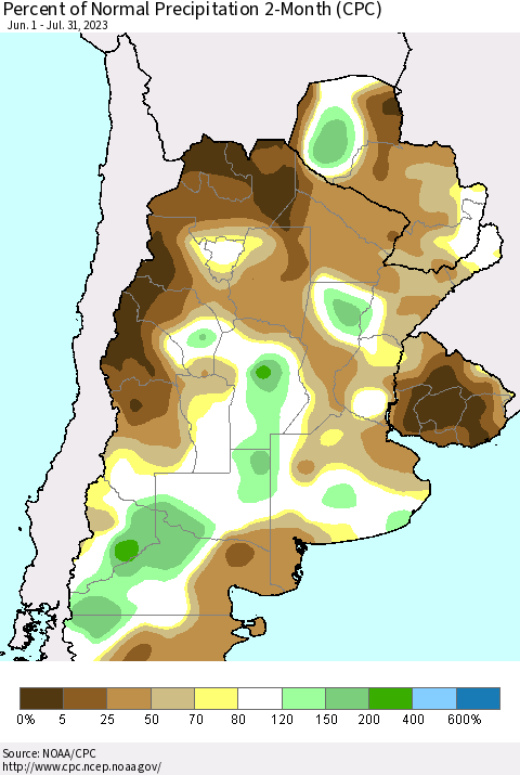 Southern South America Percent of Normal Precipitation 2-Month (CPC) Thematic Map For 6/1/2023 - 7/31/2023